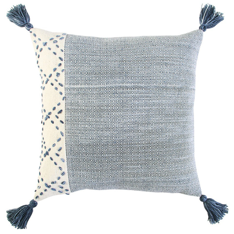 20" Cotton Throw Pillow, Ivory/Blue