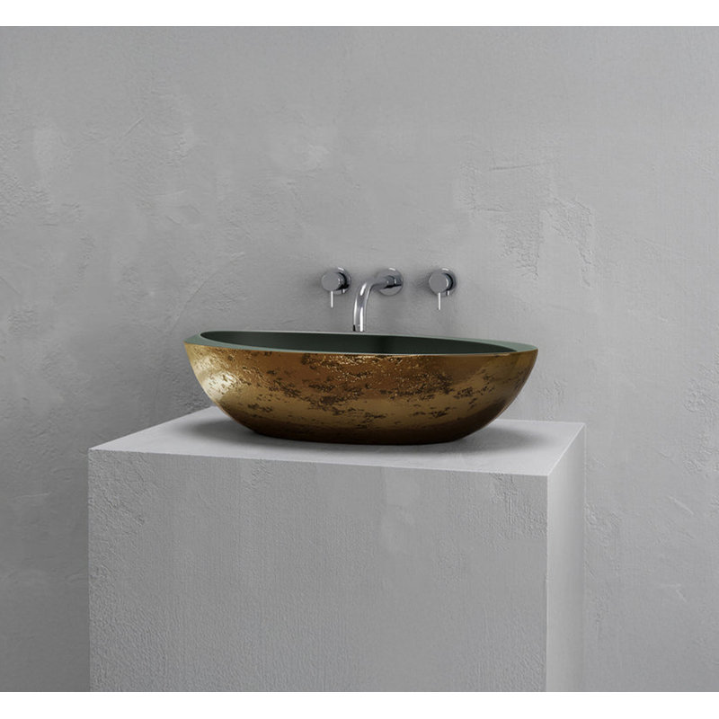 Vast Studio 24” L x 13.8” W Textured Aged Brass/Green  Vessel Sink – Oval Countertop Basin with Smooth White Interior, Metallic Luxury Finish & Modern Spa-Inspired Sculpted Design