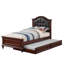Lit simple avec lit gigogne de style contemporain, couleur cerise foncée, contreplaqué de pin et tête de lit en simili cuir noir avec placage de bouleau