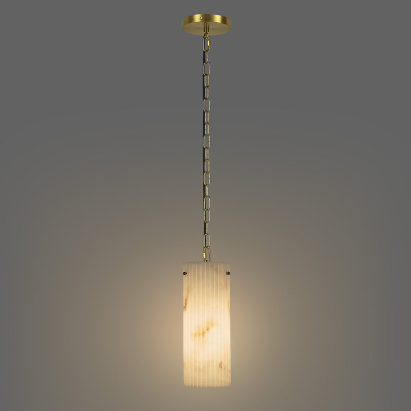 Luminaire suspendu cylindrique 1 lumière avec faux abat-jour albâtre, Laiton