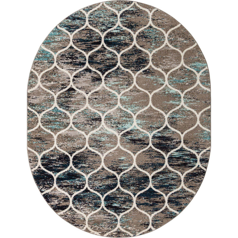 Llanet Geometric Area Rug, Oval 7'10" x 10', Multi Blue