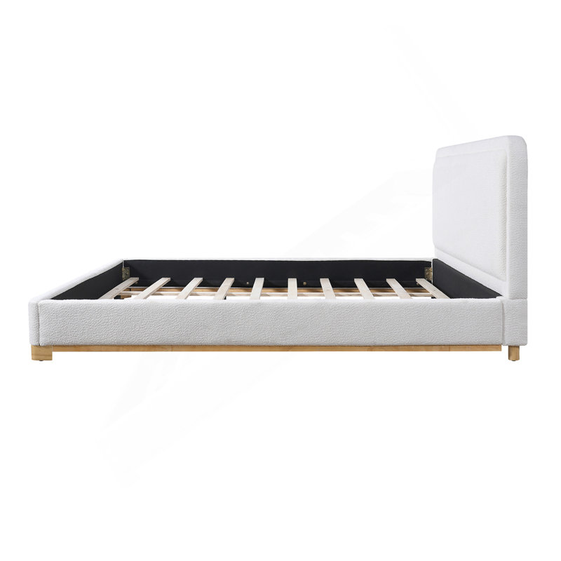 Structure de lit très grand avec tête de lit courbée rembourrée Boucle, base et pieds en bois, blanc