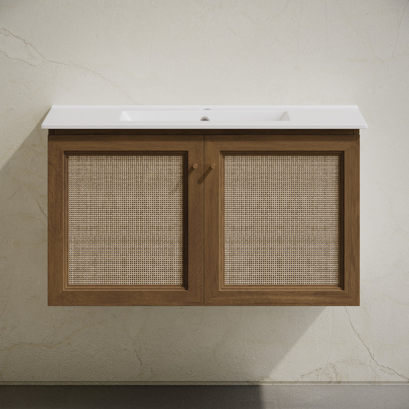 Meuble-lavabo mural classe 36 en chêne brun avec comptoir à un trou Classe, Trou simple