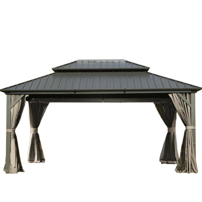 12X14 Ft Gazebo With Galvanized Steel Double Roof Canopy - And Weather-, Gray 12' X 14', Aluminum Metal, Canopy, Backyard Deck