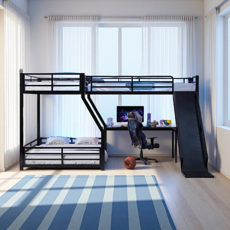 L-Shaped Bunk Bed With Loft Bed, Metal Triple Bunk Bed With Slide And USB Ports, Space-Saving And Noise-Free Design