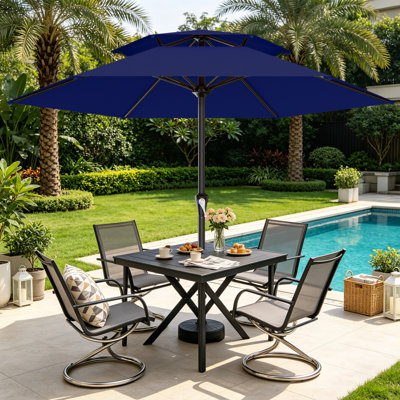 Parasol de patio à 2 niveaux en acier de 11 pi avec système de levage à manivelle et 6 parasols de table résistants et imperméables parfaits pour la piscine, la terrasse, la plage et le restaurant en plein air, blanc