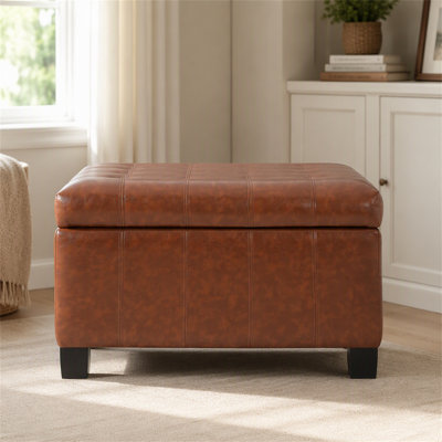 Repose-pieds de rangement en polyuréthane brun clair avec pieds en bois d'hévéa, repose-pieds d'intérieur capitonné carré de 30,25 po avec rangement surélevé pour le salon, la chambre à coucher et le vestibule, capacité de poids de 300 lb