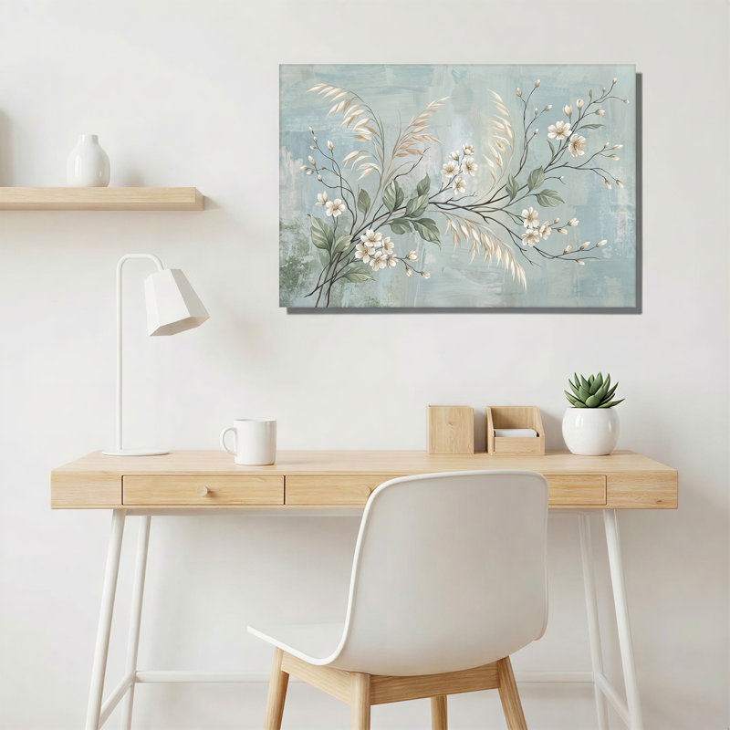 Art mural sur toile, branches de fleurs blanches et feuilles vertes sur fond bleu, H 12 po x l 18 po