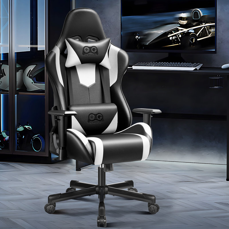 White and Black PU Leather Ergonomic Gaming Chair with Lumbar Support