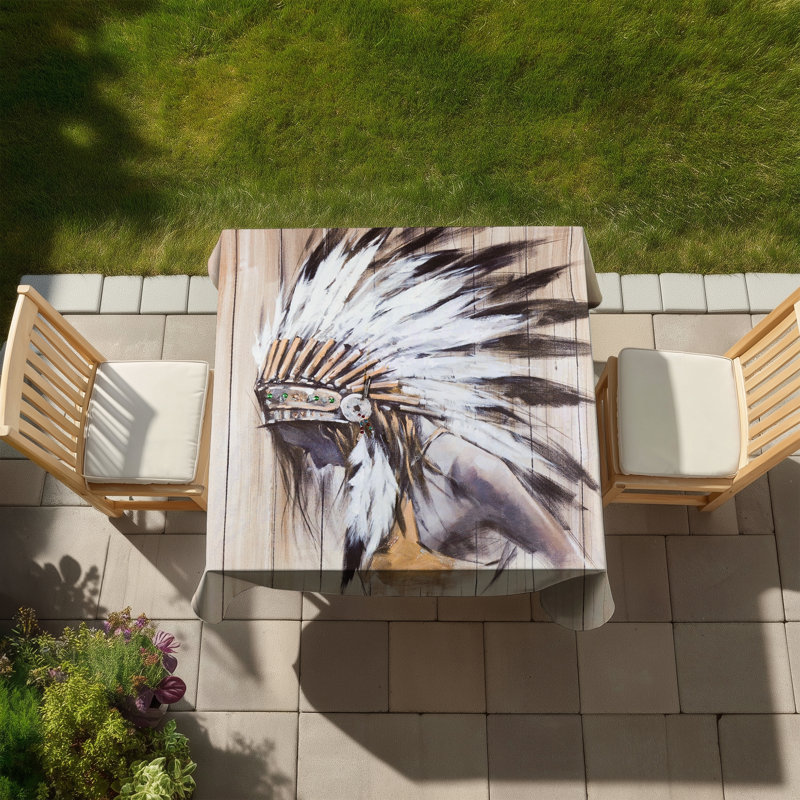 Indian with Feathers Tablecloth | Black Indoor Outdoor Decor