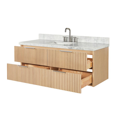 Mulloy 55 Inch Wall-Mounted Single Rectangle Vanity Bathroom Vanity with Carrara White Marble Countertop 1.5 Inch in Natural Oak