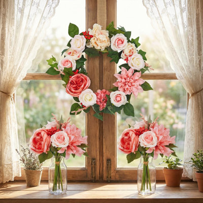 18in Spring Peony and Dahlia Wreath with Lush Greenery, Artificial Floral Door Wreath with Real Rattan Base, Includes 2 Matching Bouquets, 18 22 24 Inch for Front Door Home Decor