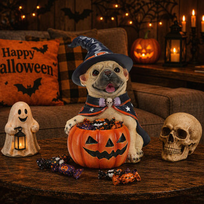 Halloween French Bulldog Witch Puppy Figurine with Pumpkin Candy Bowl
