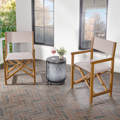 Chaises de réalisateur pliantes en bois d'acacia Cukor Coastal, siège en tissu de polyester beige et structure en teck brun pour patio, terrasse et balcon