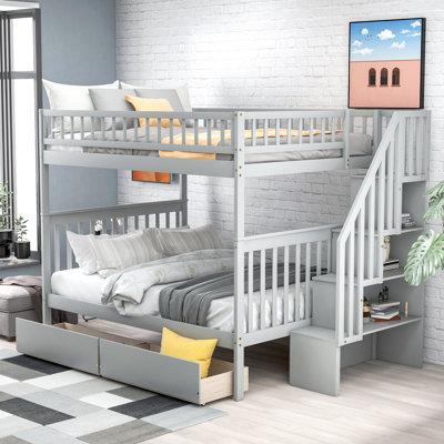 Full Over Full Bunk Bed With Two Drawers And Storage, Gray