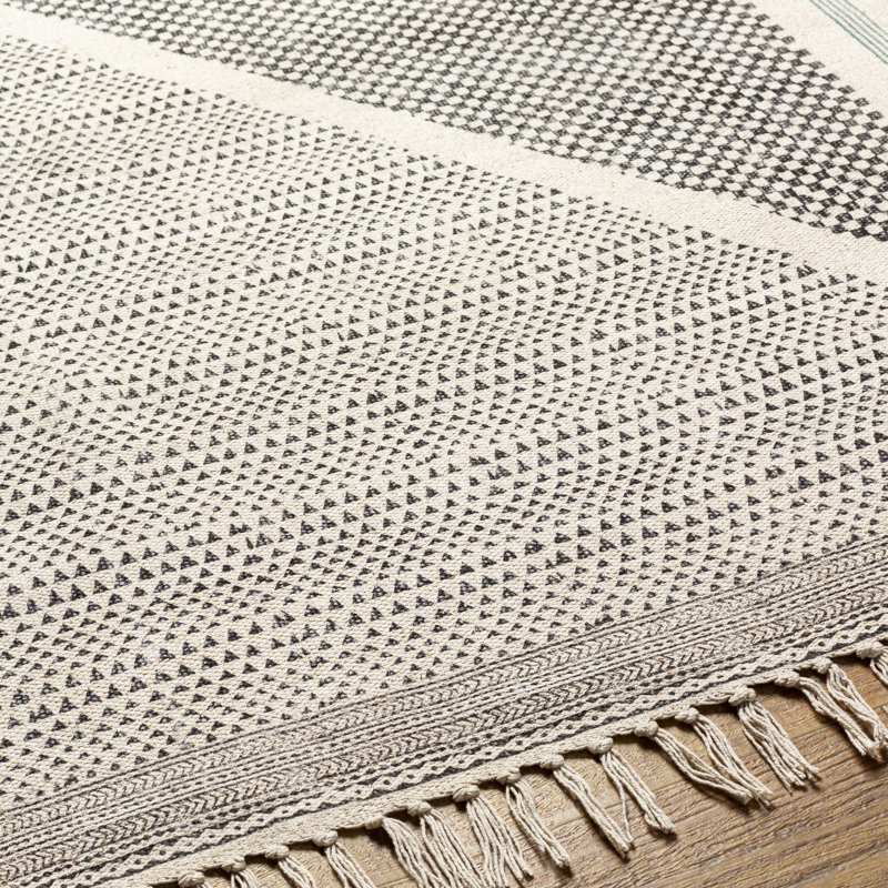 Tapis géométrique en coton tissé à plat noir / bleu sarcelle / moutarde / beige clair Olmstead, Rectangle 5 pi x 7 pi 6 po