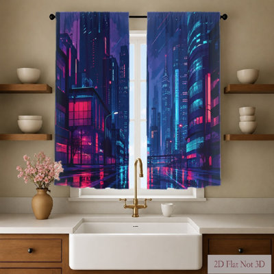 2 rideaux Cyberpunk Cityscape, tissu filtrant la lumière, vue nocturne lumineuse au néon, habillage de fenêtre pour le salon, la chambre à coucher, le balcon, la cuisine, la décoration intérieure