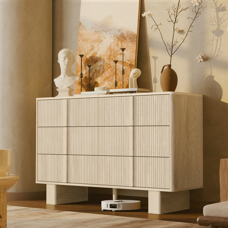 Fluted 6 Drawer Dresser, 47” Wide Modern Chest with Faux Marble Top, Wood Storage Cabinet for Bedroom, Living Room, Hallway, Closet
