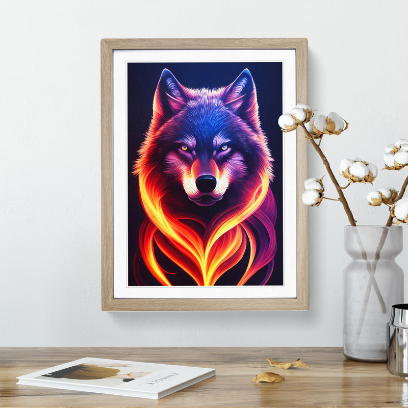 Wolf Flames - Wall Art, 36cm H x 27cm W, Oak Framed Paper, White