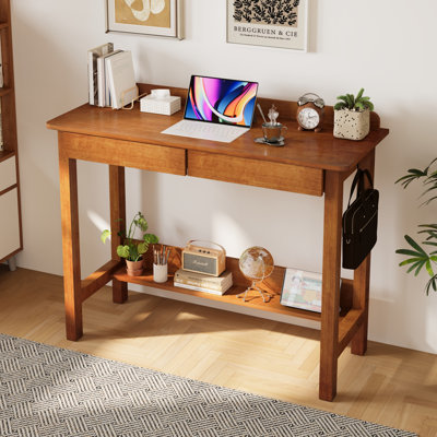 Bureau Mid-Century moderne - noyer, bureau étroit 39 po x 16 po avec 2 tiroirs, bibliothèque et 2 crochets, bureau d'écriture et d'ordinateur pour petits espaces