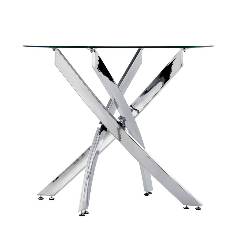 Bhevin Round Glass Top Metal Base Dining Table, Chrome