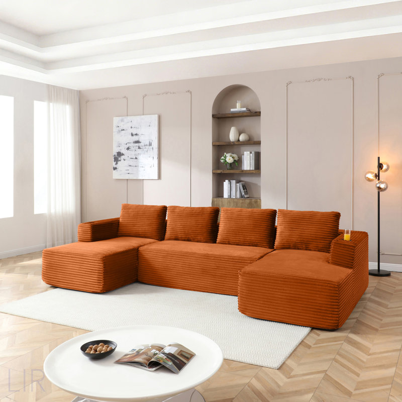 132 Inch Oversized Cloud Boneless Sofa With Chaise, Modern Corduroy U Shaped Modular Sectional, Deep Seating And Built-In Cupholders, No Assembly Required