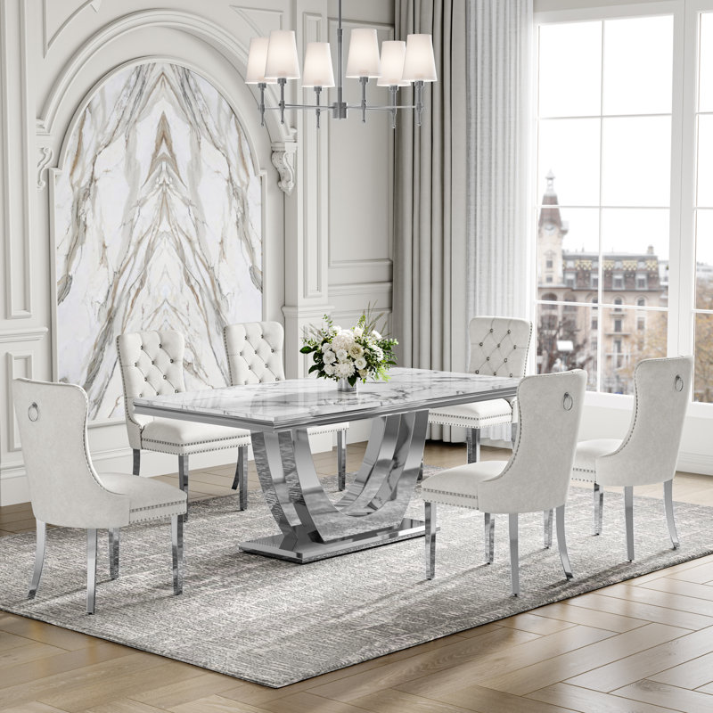 7-Piece Dining Table Set, Marble Veneer MDF Table with 6 Velvet Dining Chairs – Modern Dining Furniture for 6, White/Silver
