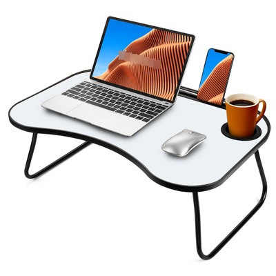 Bureau pliable pour ordinateur portable en gris et blanc mat, matériau en métal et en bois, surface lisse avec rainure en forme de coupelle, idéal pour les devoirs et le lit de travail pour adultes, sur canapé, dans la cour ou les voyages en voiture en bois mat, bon
