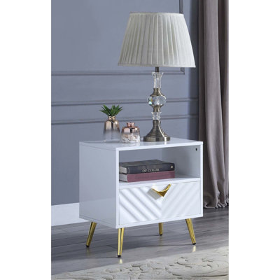 Table de bout avec aspect blanc ultrabrillant, tiroir de rangement simple, pieds en métal, motif ondulé, rangement ouvert à glissière latérale à extension de 2/3 po, matériau, profondeur de produit 20 po, largeur 17 po, hauteur de l 22 po, 1 pièce principale