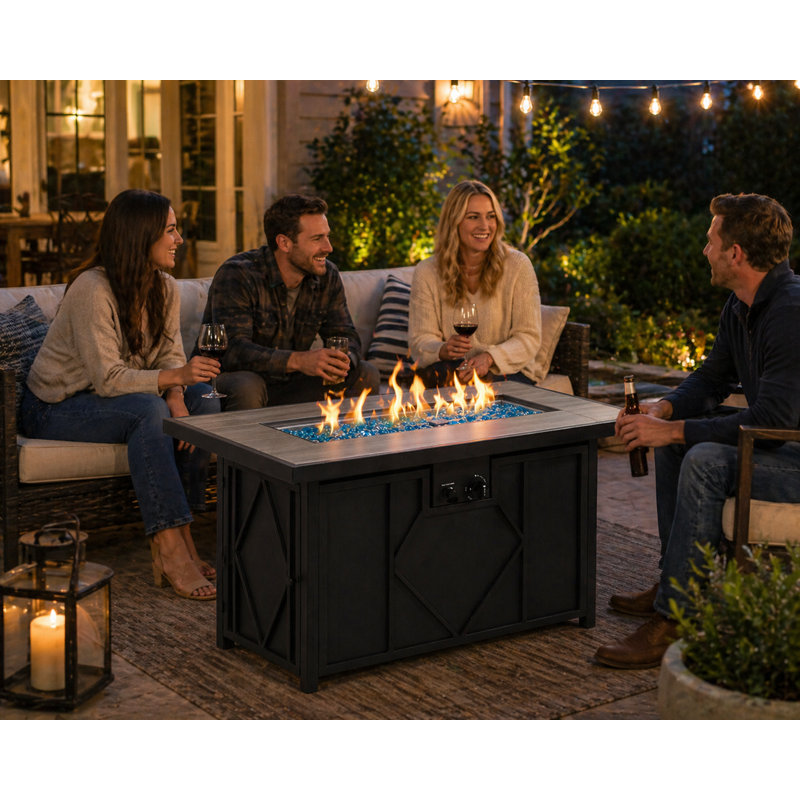 42" Rectangular Steel Propane Fire Pit Table with Hidden Tank, Tile Top & 60,000 BTU Burner – Black