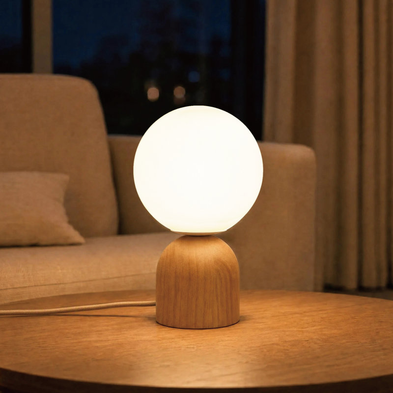 Lampe de table moderne en bois massif 9,84 "avec abat-jour globe en verre opale et gradateur certifié UL cULus pour la chambre à coucher, le salon, le bureau personnel ou la salle d'étude