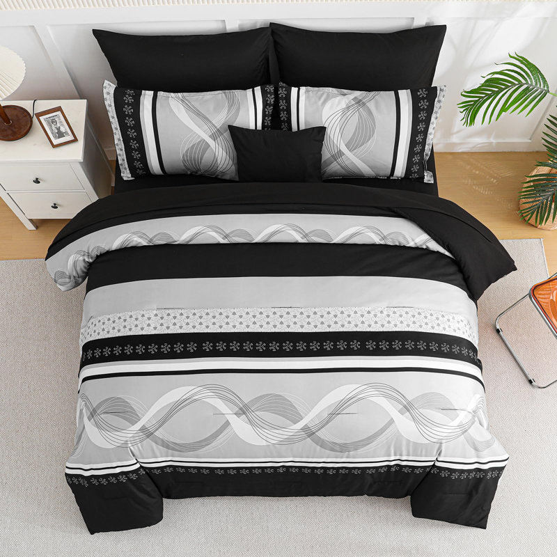 Ensemble d'édredon à rayures 8 pièces Boho, Édredon grand + 7 articles supplémentaires, Noir
