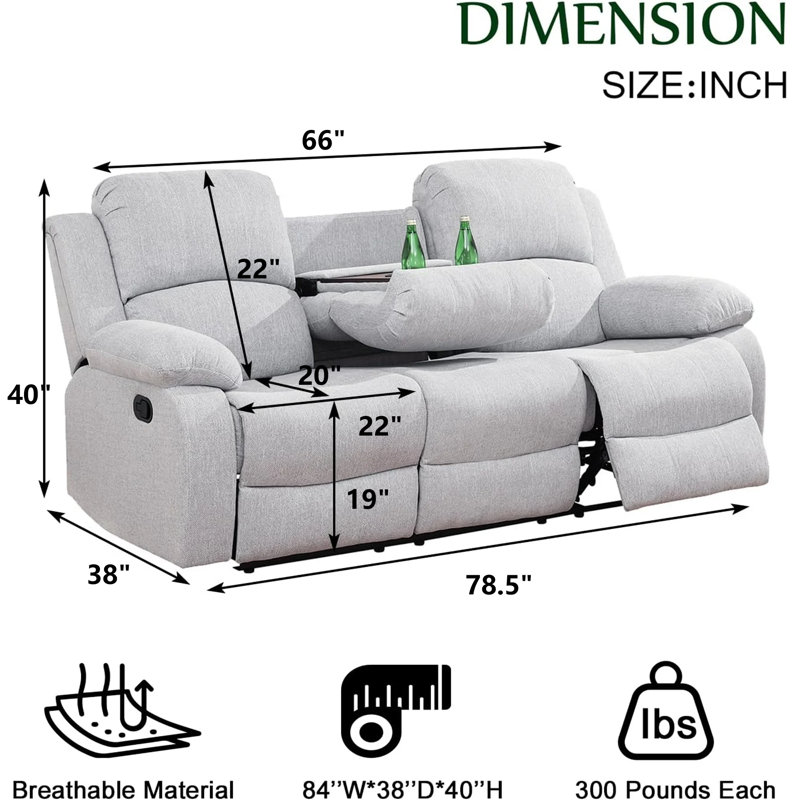78.5"Pillow Top Arm  Reclining Sofa with Drop down table and Cupholders, Gray Linen