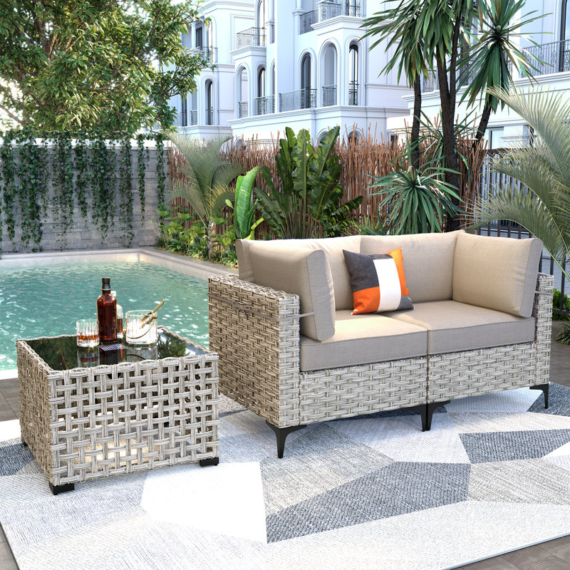 Emroy Wicker/Rattan 2 - Person Seating Group With Lighted Coffee Table and Cushions, Beige