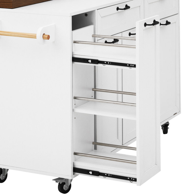 102.3" Kitchen Island With Extendable Dining Table, Kitchen Rolling Island Cart With Trash Storage Cabinet, 3-Tier Pull-Out Spice Rack, Mobile Island Table On Wheels For Kitchen, Dining Room