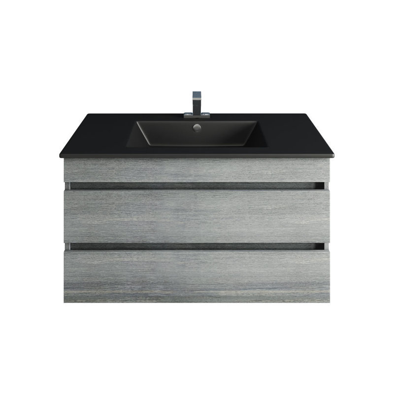 35.12'' Single Bathroom Vanity with Stone Top, Black