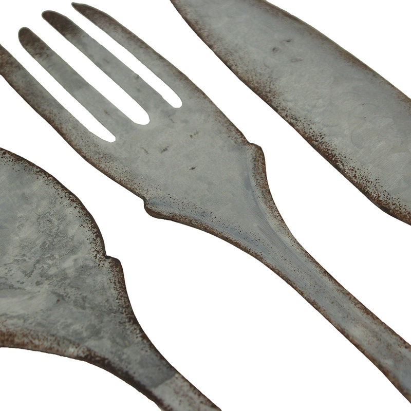 Farmhouse galvanized gray metal fork, spoon, and knife 3-piece kitchen wall hanging set — 31" H x 3.5–5.5" W x 0.25" D