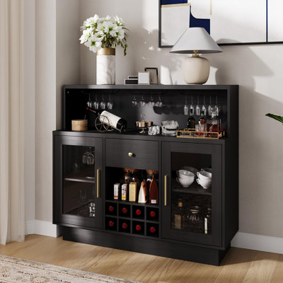 47.24" Large Bar Cabinet for Home, Storage Buffet with LED Lights & Glass Doors, Holds 9-15 Glasses & 8 Bottles, Modern Kitchen Cabinet for Dining Room, As Wine Bar, Coffee Station & Sideboard Storage