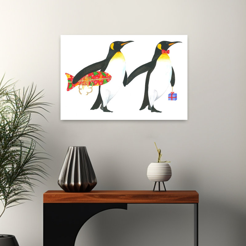 Penguin Presents Whimsical Contemporary Bird Fish Penguin Wildlife Winter Wall Art Print 1 Piece Wrapped Canvas Wall Art