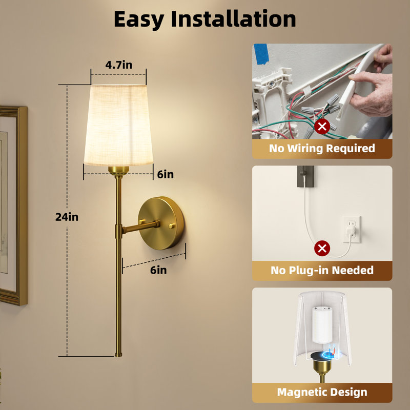  Paquet de 2 appliques murales à piles de 24 po avec télécommande, 3 couleurs et 12 couleurs RVB, installation sans câblage, lumières murales rechargeables à DEL pour le couloir, la chambre à coucher et le salon
