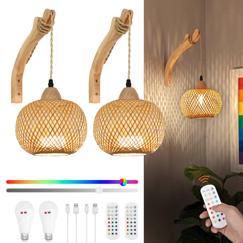 Appliques murales tissées avec abat-jour lanterne en bambou Boho