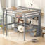 Lit mezzanine double en bois gris avec bureau, rangement et plateau de chevet avec port
