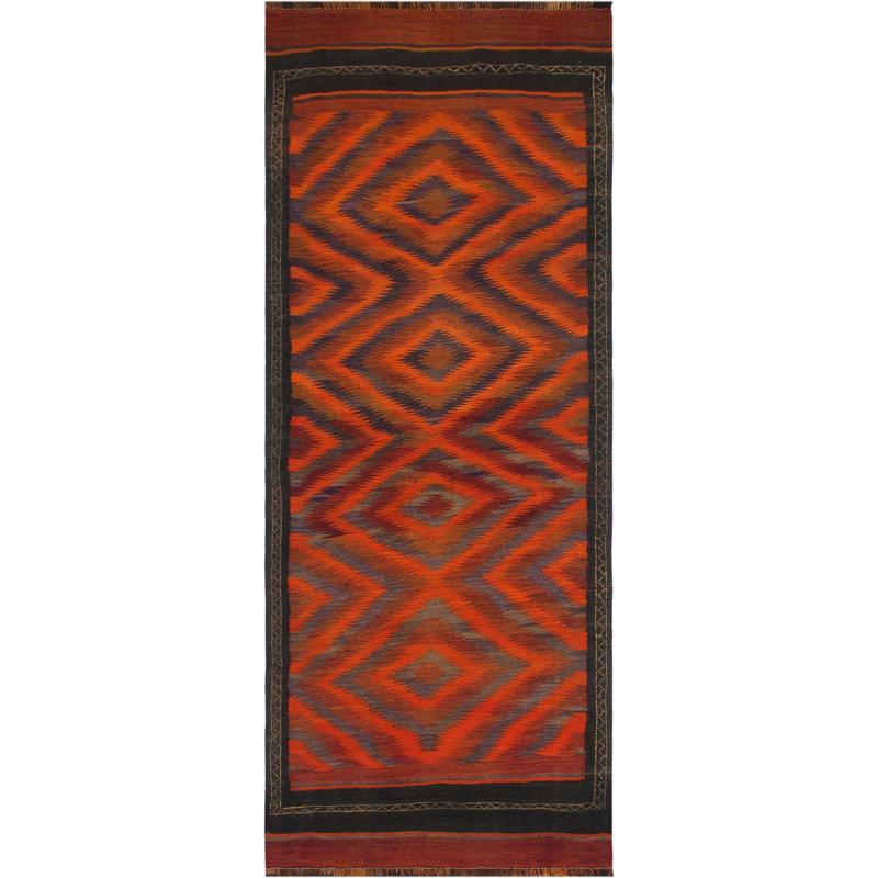 Tapis rouge / orange en laine noué à la main à motif géométrique 4 pi 1 po x 10 pi 1 po Bahos