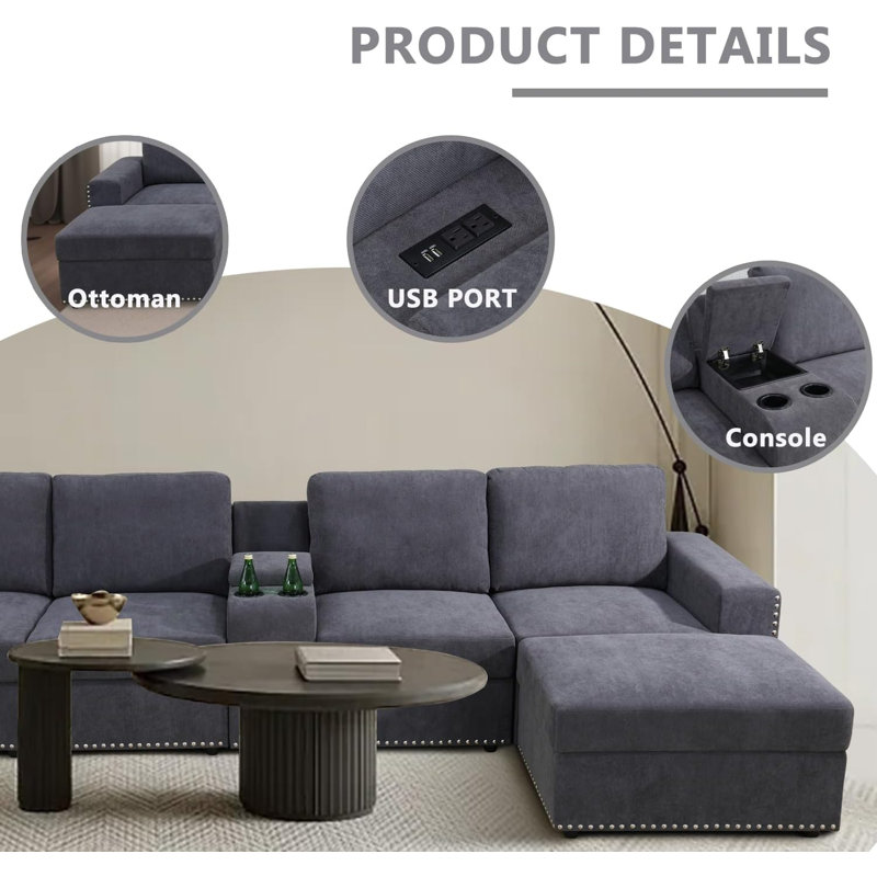 131" Wide 6-Piece Flannel Configurable Living Room Modular Corner Sectional With Ottoman, Gray