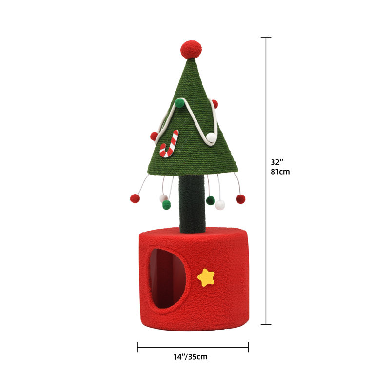 Christmas Cat Tree Tower With Cat Scratching Post, 32 In Cute Cat Tree With Plush Hanging Ball, Cat Tower For Indoor Cats With Cat Condos