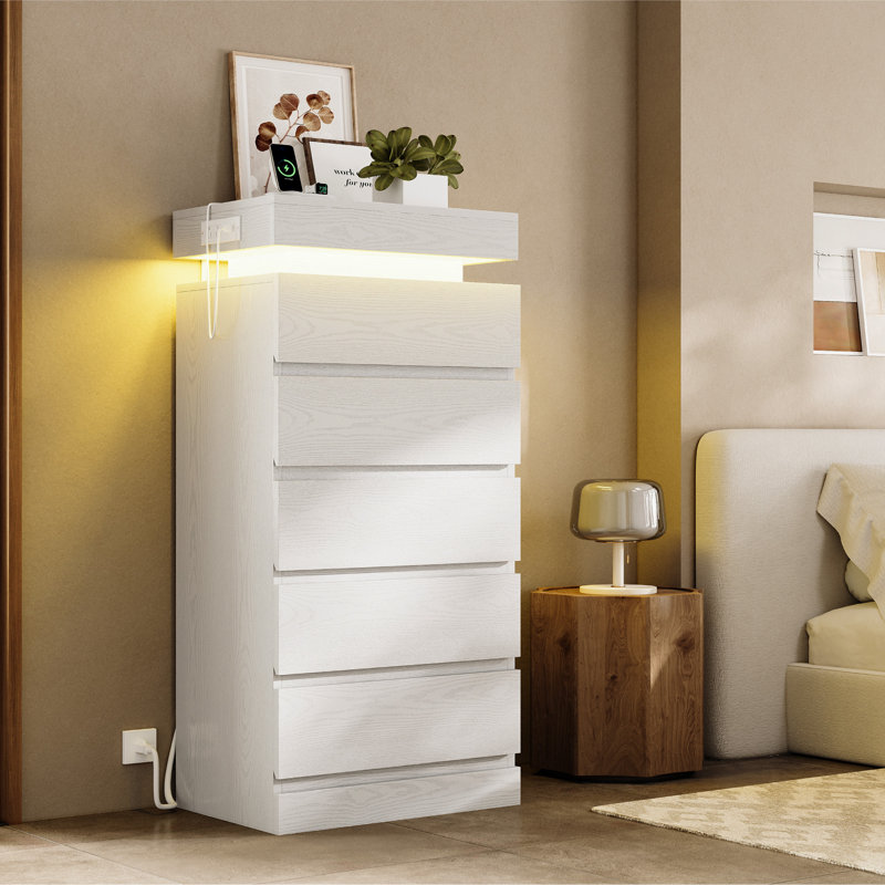 Modern White 54" LED Illuminated Dresser With 5 Drawers & Built-In Power Outlet – Wooden Chest For Bedroom, Living Room, Or Entryway