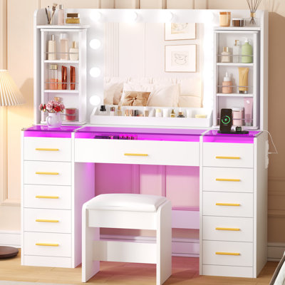 Vanity Desk with 11 Drawers & 360° Rotating Organizer, Mirror Lights, Glass Top & Power Outlet