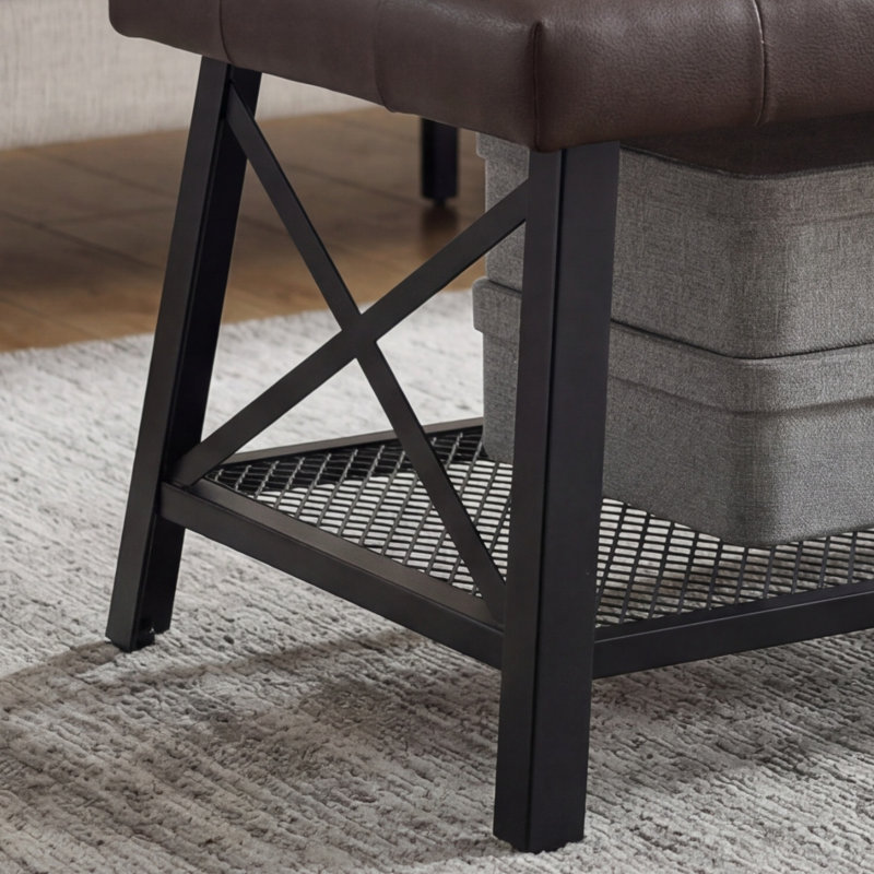 Dark Brown Tufted Faux Leather Upholstered Coffee Table With A Durable Faux Leather Tabletop, Paired With A Mesh Metal Base And Sturdy Legs. Easy To Assemble.