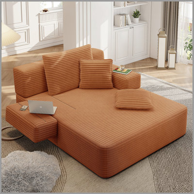 Luxueuse chaise longue en velours côtelé moelleux avec 3 coussins, canapé-lit convertible avec poche de rangement, conception sans cadre et mousse de compression pour les petits espaces, salon, appartement, orange