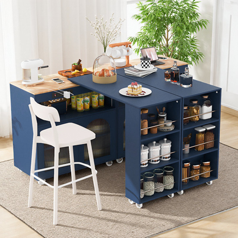 Rolling Kitchen Island with Extended Table – LED Lights, 2 Fluted Glass Doors, Power Outlets (2 USB + 3 AC), Side Open Shelves, Movable Cart on Wheels, White for Kitchen or Dining Room